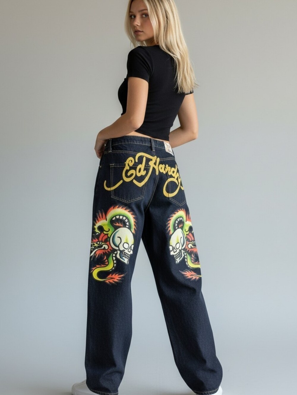 Ed Hardy Dragon And Skulls Baggy Darkwash Denim